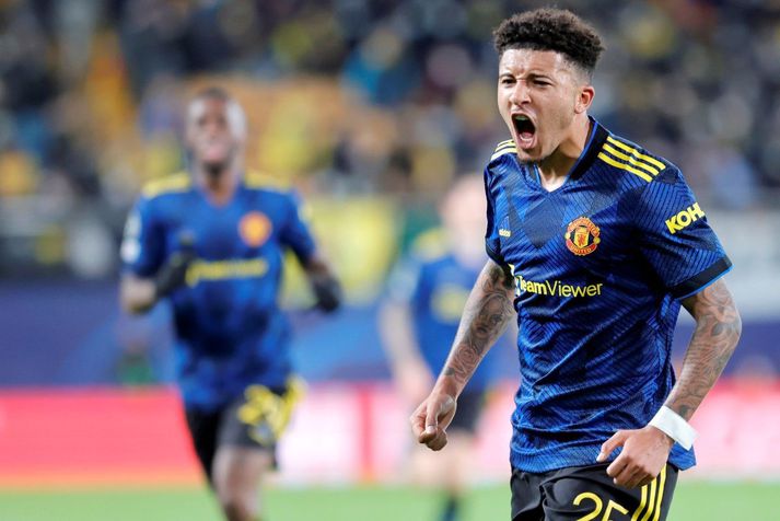 Jadon Sancho fagnar marki sínu fyrir Manchester United á móti Villarreal í Meistaradeildinni í gær.