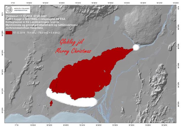 Hraunið er nú alls 79,4 ferkílómetrar að stærð.