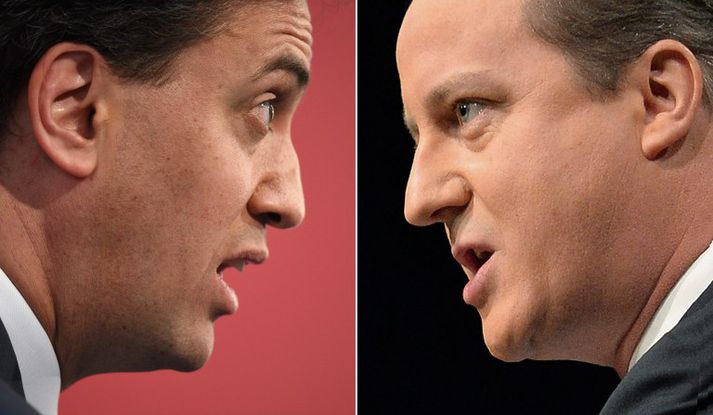 Ed Miliband, leiðtogi Verkamannaflokksins og David Cameron, forsætisráðherra og leiðtogi Íhaldsflokksins.