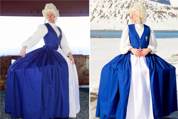 Ástvaldur saumaði þennan glæsilega kjól á sig fyrir tvítugsafmælið sitt.