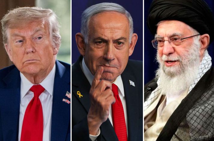 Donald Trump Bandaríkjaforseti, Benjamín Netanjahú forsætisráðherra Ísrael og Ayatollah Ali Khamenei æðsti leiðtogi Íran. 