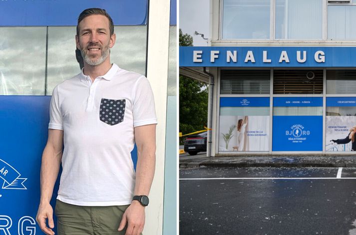 Glerbrot má sjá á víð og dreif á götunni eftir eldsvoða næturinnar. Kristinn vonar að hægt verði að bjarga eitthvað af fötum efnalaugarinnar.