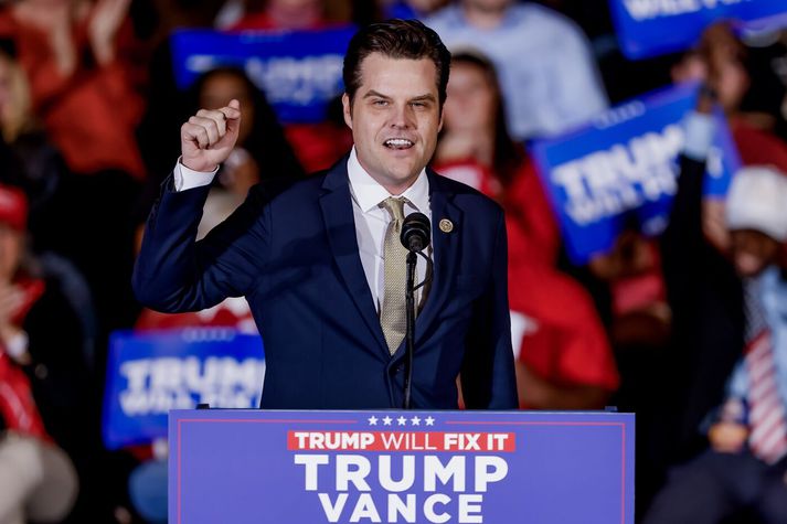 Matt Gaetz, fyrrverandi þingmaður, á kosningafundi Donalds Trump í fyrra.