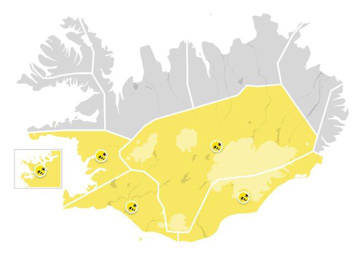 Gular viðvaranir taka gildi á suðurhluta landsins síðar í dag.