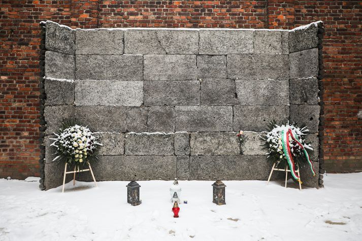 Árlega koma eftirlifendur hryllingsins í Auschwitz-búðunum og leggja blómakransa og kerti við hinn svokallaða aftökuvegg til þess að minnast þeirra sem týndu lífi í Helförinni.