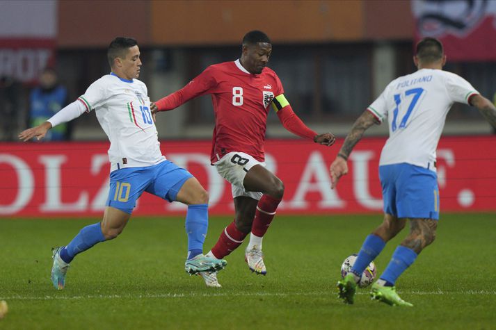 David Alaba skoraði stórkostlegt mark úr aukaspyrnu í leiknum gegn Ítalíu í dag.