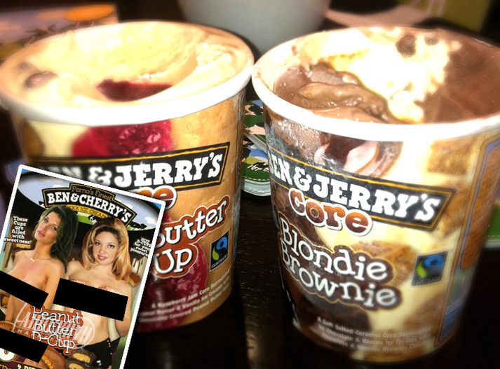 Klámmyndirnar báru nöfn sem líktust Ben & Jerry's-ístegundum, og kápur myndanna voru skopstæling á hönnun ísumbúðanna.