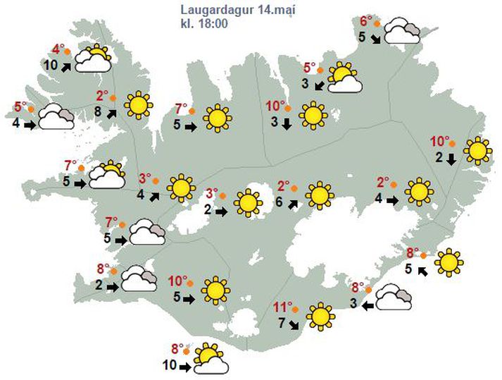 Staðarspá Veðurstofu Íslands fyrir annað kvöld.