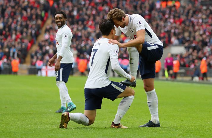 Son Heung-Min pússar markaskóna hjá Harry Kane sem hefur skorað þrennu í tveimur leikjum í röð.