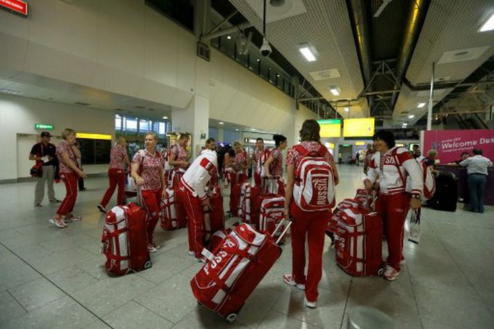 Íþróttalið Rússa á Heathrow flugvelli.