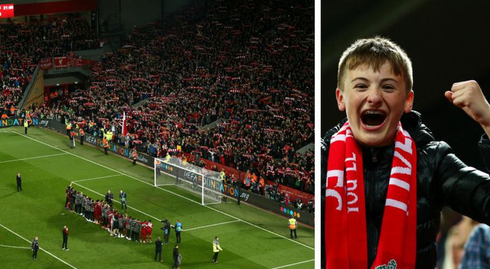 Leikmenn Liverpool syngja með stuðningsmönnum sínum í leikslok í gær.