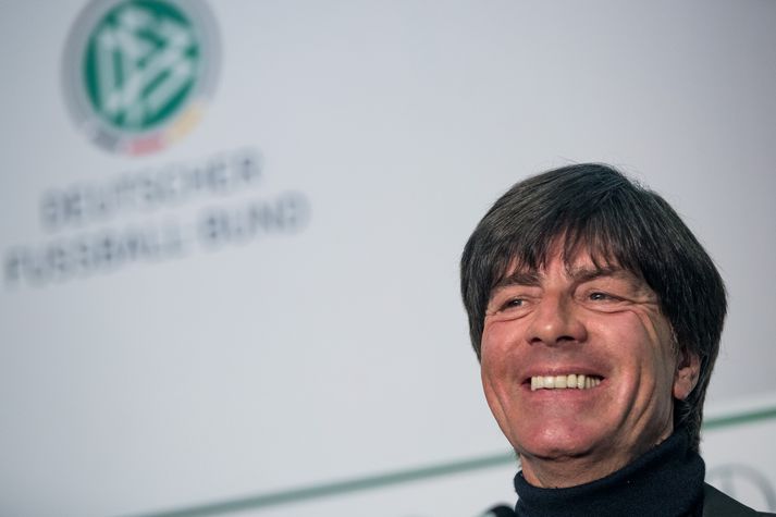 Joachim Löw var hress og kátur á blaðamannafundinum.