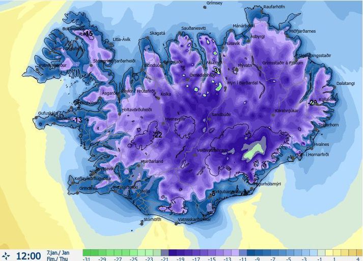 Það verður ansi kalt á landinu á morgun eins og sést á þessu hitaspákorti Veðurstofunnar sem gildir fyrir klukkan tólf á hádegi á fimmtudag.