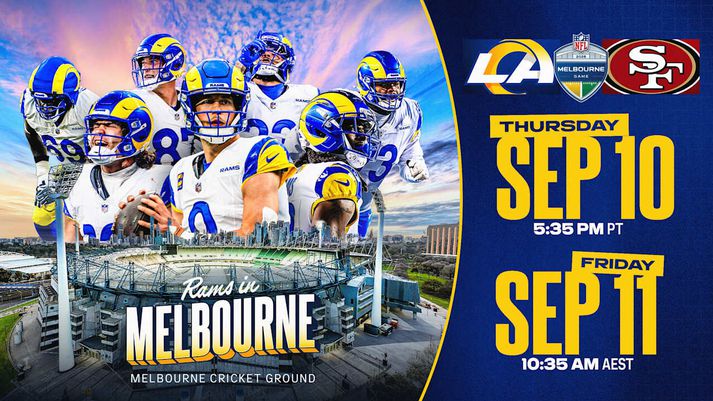 Hundrað þúsund manns verða á leik Rams og 49ers í Melbourne. Leikurinn fer fram á besta tíma í Bandaríkjunum á fimmtudegi en fyrir hádegi á föstudegi í Ástralíu.