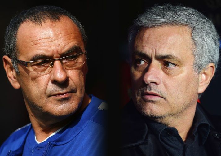 Sarri og Mourinho háðu hildi í ensku úrvalsdeildinni þegar sá fyrrnefndi stýrði Chelsea og Mourinho var í brúnni hjá Manchester United.