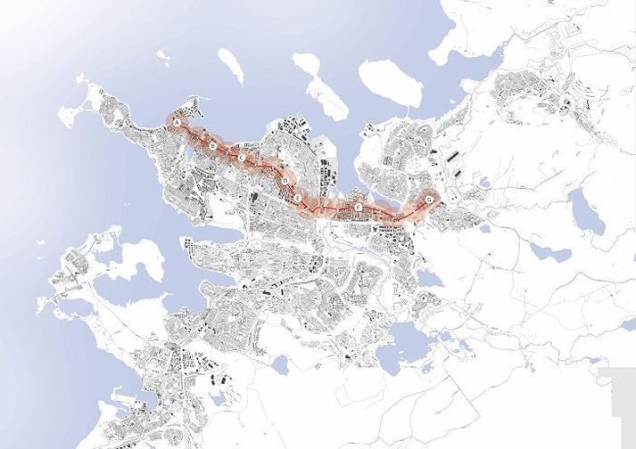 Hér hefur verið teiknuð leið léttlestar (sporvagns) um þróunarásinn í aðalskipulagi Reykjavíkur til 2030 þar sem byggð á að þéttast, frá Mýrargötu um Hverfisgötu, Laugaveg, Suðurlandsbraut, yfir Elliðavog, um Stórhöfða og að nýrri byggð við Keldnaholt í Grafarvogi.