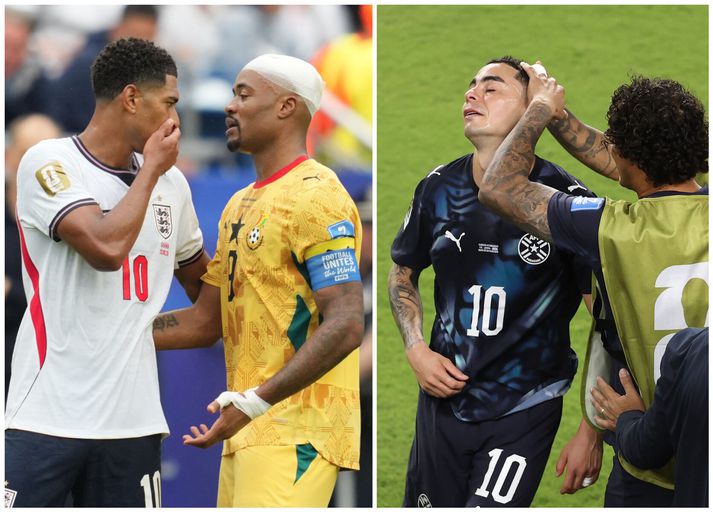 Mynd af enska miðjumanninum Jude Bellingham þar sem hann heldur fyrir munninn á meðan hann talar við Jordan Ayew frá Gana hefur þess vegna valdið deilum. Miguel Almiron fékk rautt spjald fyrir að fela sín orð.