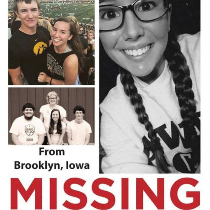 Mollie Tibbets er tvítug að aldri. Hún sást seinast þann 18. júlí í heimabæ sínum Brooklyn í Iowa.