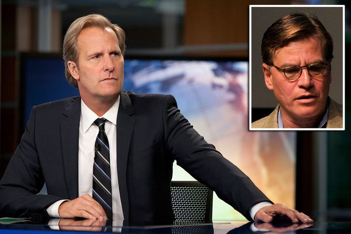 Jeff Daniels (t.h.) leikur aðalhlutverk þáttanna. Sorkin má sjá á innfelldu myndinni.