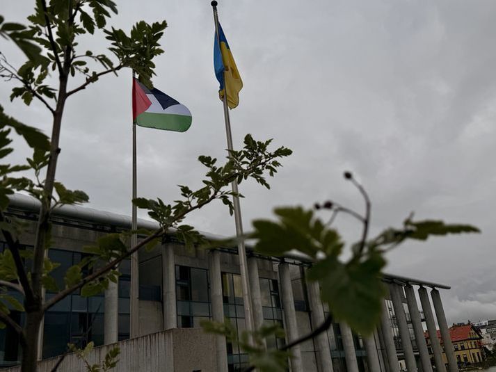 Palestínski fáninn var dreginn að húni í júní  og hefur hann blakt við hlið þess úkraínska sem var fyrst dreginn að húni við ráðhúsið 2022.