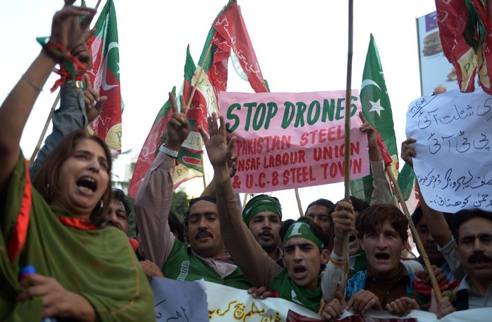Frá mótmælum gegn dróna árásum í Pakistan í desember 2013.