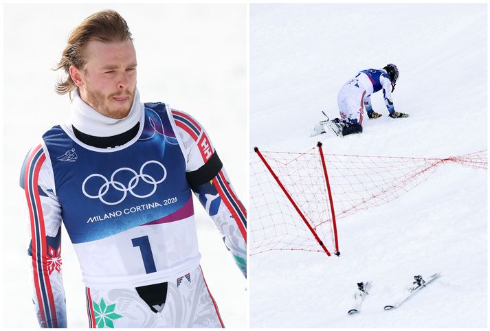 Norski skíðamaðurinn Atle Lie McGrath bauð upp á ótrúlega uppákomu í síðustu ferðinni í svigkeppni Vetrarólympíuleikanna. 