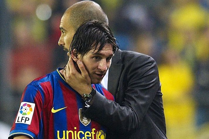 Lionel Messi og Pep Guardiola á sínum tíma þegar þeir voru að vinna saman hjá Barcelona.