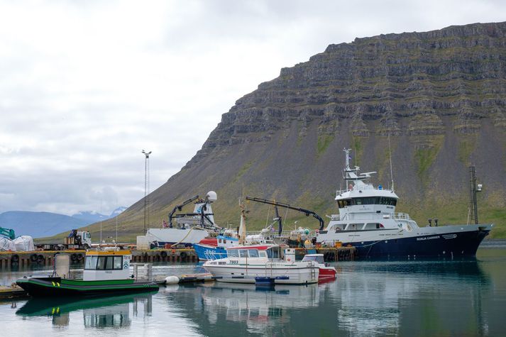 Mynd frá 2020 af bryggjunni á Bíldudal þar sem kviknaði í kvöld í brunnbáti.