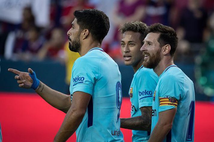 Messi, Suarez og Neymar fagna marki gegn Man. United í æfingaleik í Bandaríkjunum 2017, rétt áður en Neymar yfirgaf félagið.