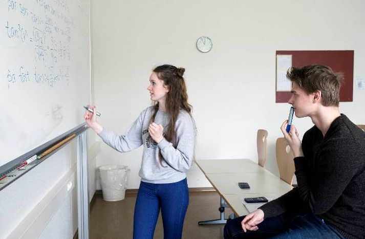 Iðunn Valgerður Péturssdóttir og Matthías Baldursson Harksen voru upptekin að reikna þegar fréttastofa hitti á þau fyrir hádegið í dag.