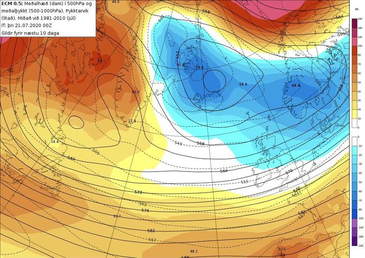 Mynd sem Einar birtir með færslunni. Blái liturinn er frávik loftmassahitans (þykkt 1000/500 hPa).