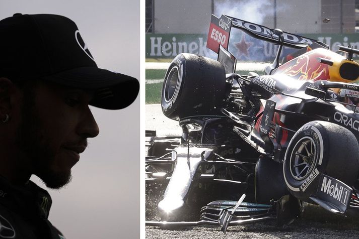 Lewis Hamilton hefur orðið sjö sinnum heimsmeistari í formúlu eitt en á þessari mynd má sjá hversu litlu munaði þegar hann lenti undir bíl Max Verstappen.