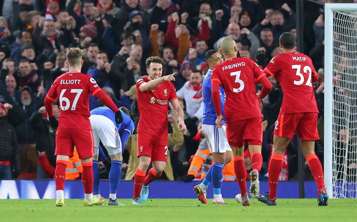 Diogo Jota skoraði bæði mörk Liverpool í kvöld.