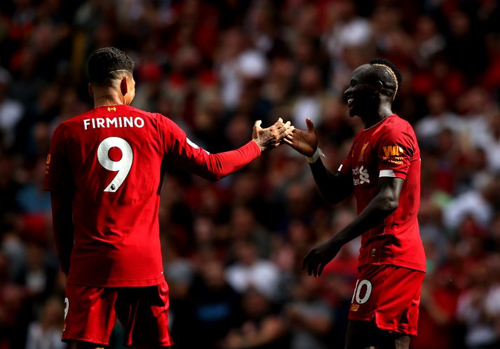 Firmino og Mané fagna einu af þremur mörkum Liverpool í dag.