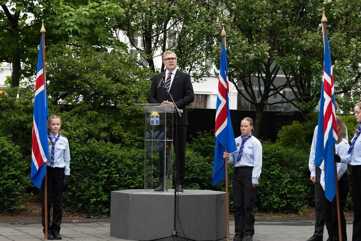 Bjarni Benediktsson forsætisráðherra flutti hátíðarávarp á Austurvelli í dag.