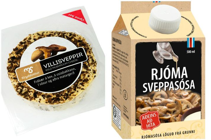 Vörurnar sem um er að ræða, Villisveppaostur og Rjómasveppasósa.