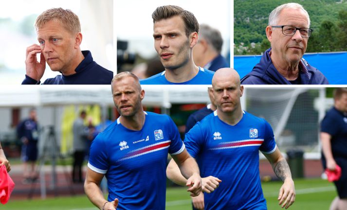 Elmar, Heimir og Lars töluðu fallega um Eið Smára fyrir æfingu íslenska landsliðsins í dag. Hér er Eiður með Emil Hallfreðssyni á æfingunni.