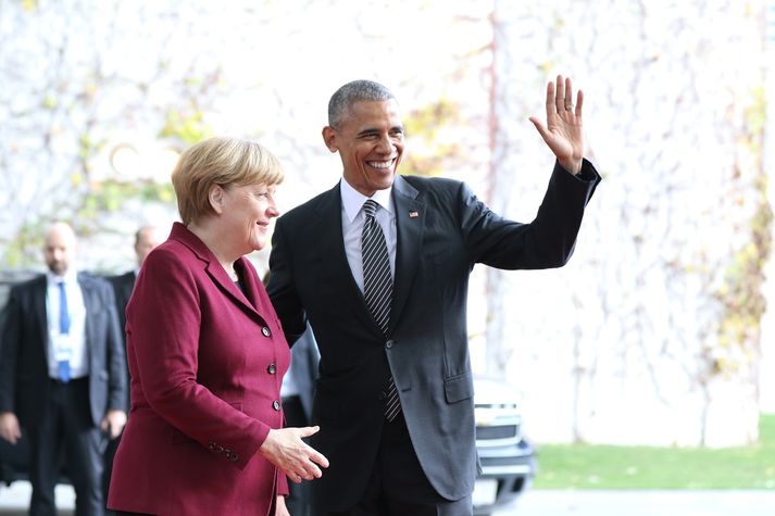 Angela Merkel og Barack Obama í Berlín í dag.