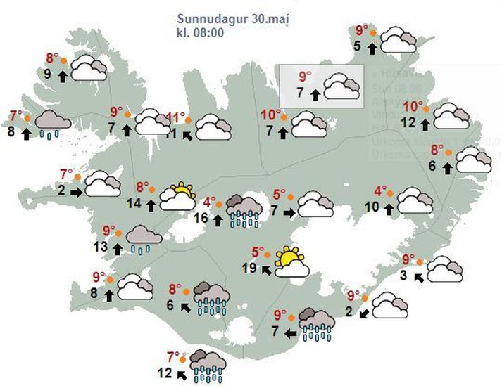 Það verður skýjað á nær öllu landinu í dag en rofað gæti til á Norðausturlandi. Talsverð rigning á sunnanverðu landinu.