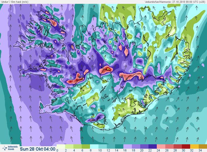 Vindaspá Veðurstofunnar klukkan 4 næstu nótt lítur svona út.