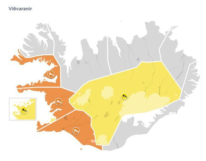 Appelsínugular veðurviðvaranir eru í gildi víða á landinu í kvöld og í nótt.