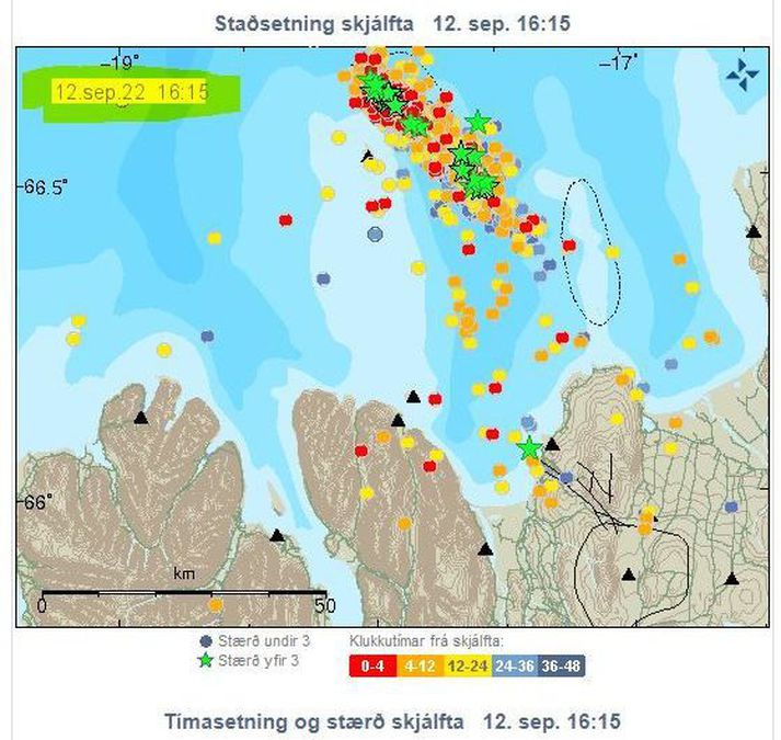 Í skjáskotinu hér að ofan yfir staðsetningu skjálfta sést að norðurland eystra er bæði skrautlegt og litríkt. Ekkert lát er á jarðskjálftahrinunni úti fyrir Norðurlandi.