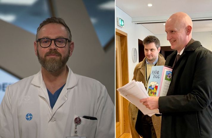 Ragnar Freyr læknir og Eyjólfur Ármannsson innviðaráðherra með stórt fjöregg. Meðan starfsmenn Landspítalans fá ekkert páskaegg gera ráðherrar sér glaðan dag.