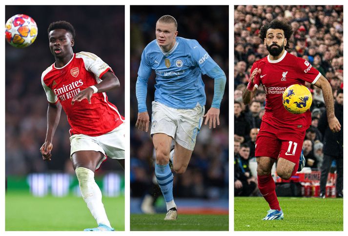 Bukayo Saka hjá Arsenal, Erling Haaland hjá Manchester City og Mohamed Salah hjá Liverpool. Þessi lið eru í harðri baráttu um enska meistaratitilinn.