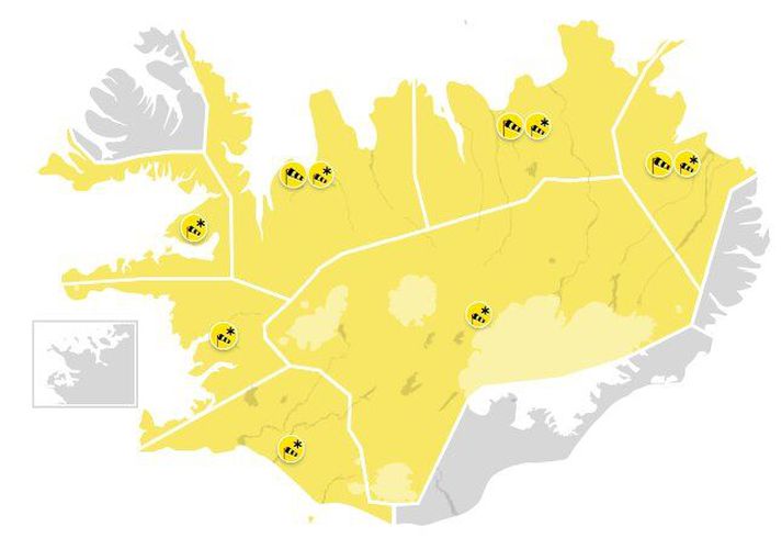 Viðvaranir hafa verið gefnar út fyrir nær landið allt. 