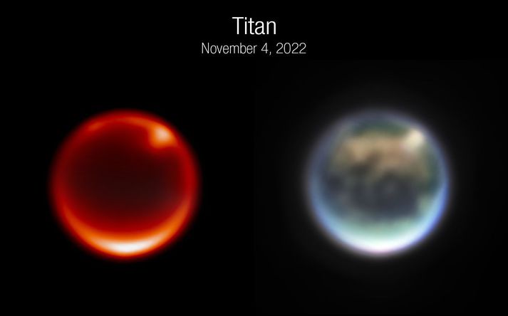 Títan eins og hann kom fyrir sjónir James Webb-geimsjónaukans 4. nóvember. Vinstri myndin var tekin með síu sem er næm fyrir ljósi frá neðri lögum lofthjúpsins. Sú til hægri er samsett úr þremur litasíum.