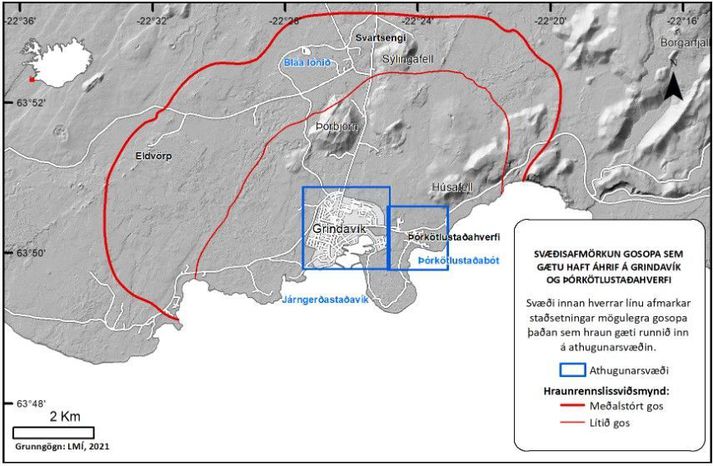 Kortið sýnir landfræðilega afmörkun gossprungna sem gætu veitt hrauni inn í Grindavík og Þórkötlustaðahverfi. Breiða rauða línan afmarkar upptök miðlungsstórra hrauna (0,3 km3) og mjóa rauða línan upptök lítilla hrauna (0,02 km3). Ef lítið eða meðalstórt hraungos hefst á gossprungu sem er fyrir utan rauðu línurnar tvær benda hermanir úr hraunflæðilíkönum til þess að hraun mundi ekki renna inn í Grindavík né Þórkötlustaðahverfi.