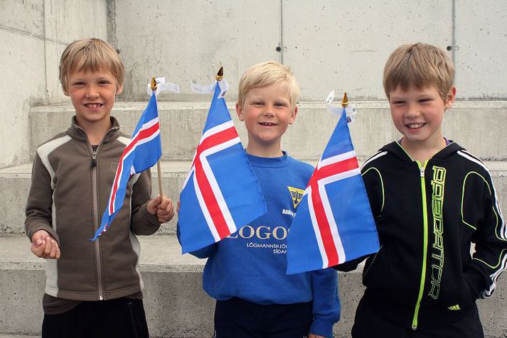Fengu veifur að gjöf Hressir strákar í Mýrarhúsaskóla.