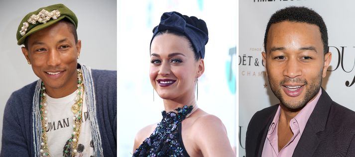 Frá vinstri: Pharrell, Katy Perry og John Legend.