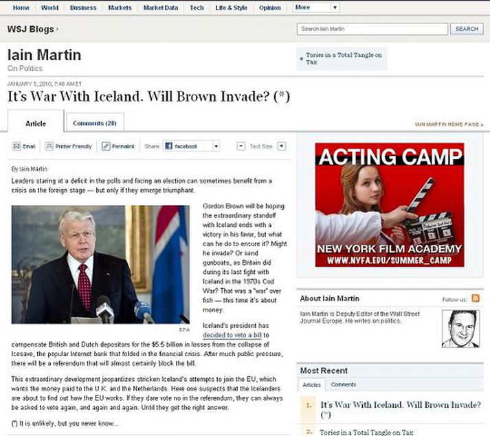 Stríð við Ísland Bloggarinn Iain Martin á Wall Street Journal veltir því fyrir sér hvort Gordon Brown ætli að gera innrás.